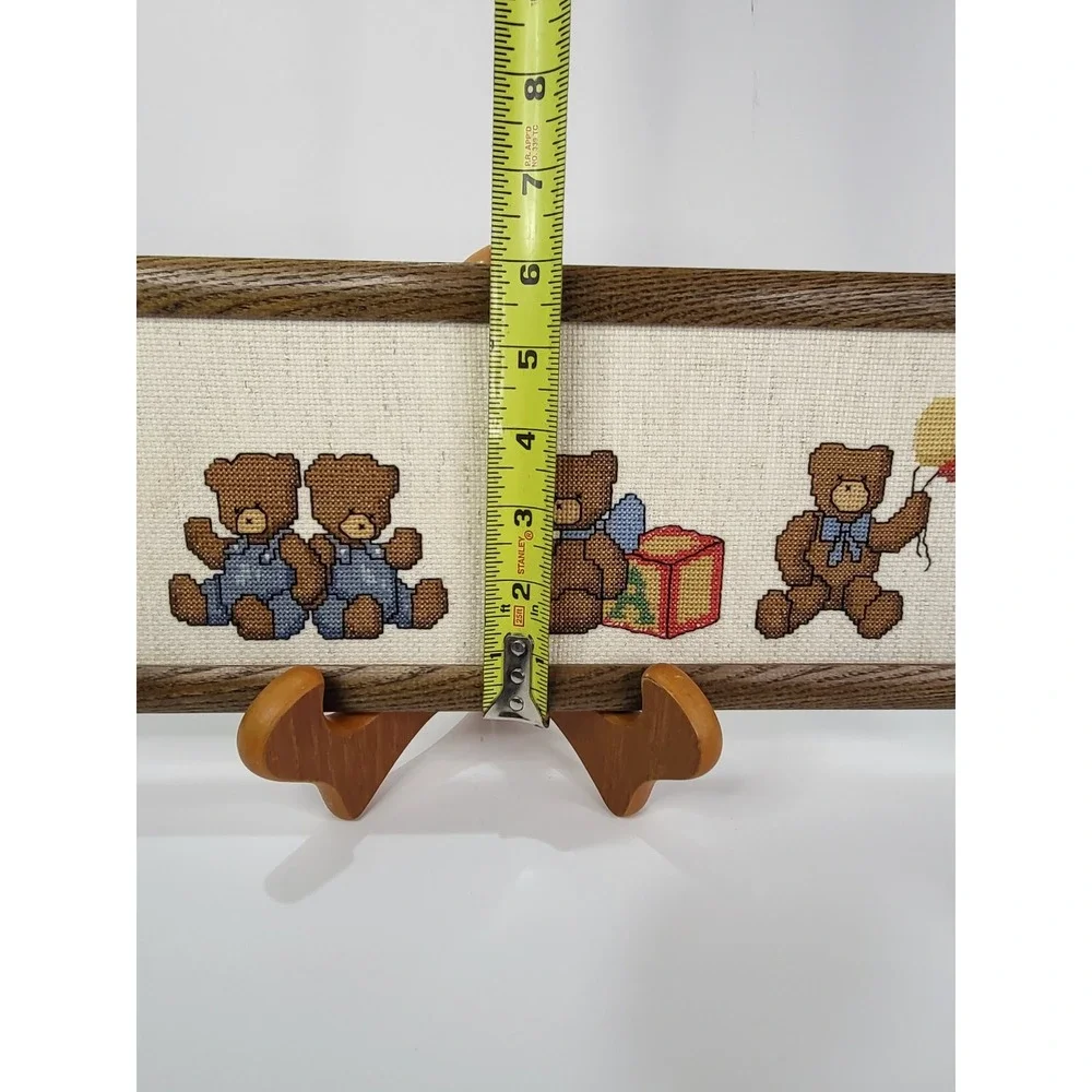Vintage Teddy Bear Cross Stitch Framed Wall Art Nursery Decor Handmade 16x6